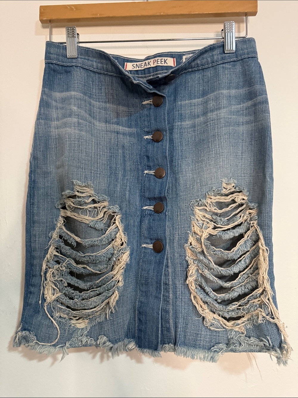 Sneak Peek Light Blue Distressed Button-Front Denim Mini Skirt